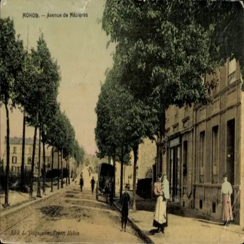 Ak Mohon Morbihan, Avenue de Mézières, Bäume, Menschen, Pferdewagen