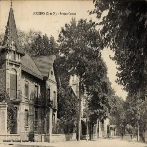 Ak Dourdan Essonne,  Avenue Carnot, Gebäude mit Garten, Bäume, Straßenansicht