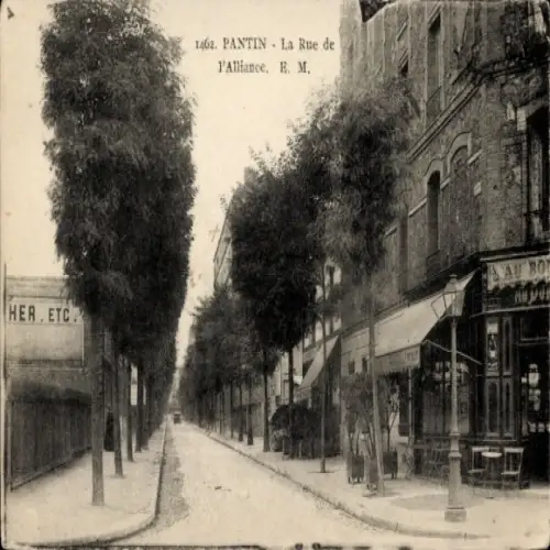Ak Pantin Seine Saint Denis, Straße mit Bäumen, Beschriftung "La Rue de l'Alliance", Geschäfte, n