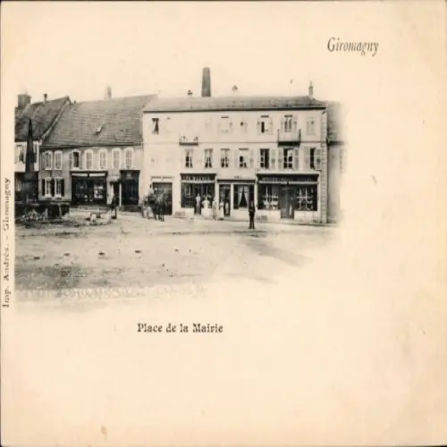 Ak Giromagny Schermenei Territoire de Belfort, Schwarz-Weiß-Bild, Platz de la Mairie, Gebäude, Me