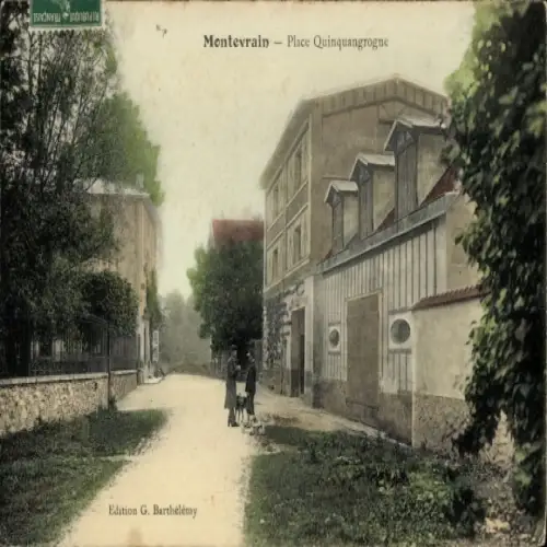 Ak Montévrain Seine et Marne, Straße mit Bäumen, Gebäude, zwei Personen,  von G. Barthélémy