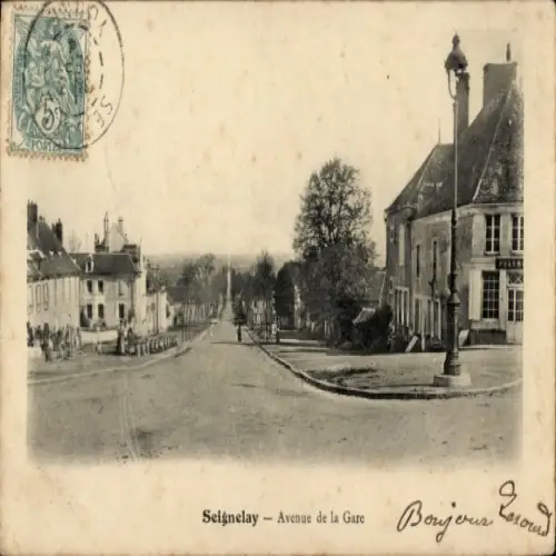 Ak Seignelay Yonne, Avenue de la Gare, Straßenansicht, Bäume, Häuser, Poststempel