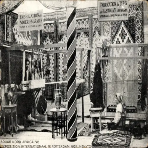 Ak Rotterdam Südholland Niederlande, Soieries Arabes, Fabrikation, Tapis de Kaerouan, Souks No...