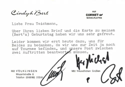 Ak Sänger Duo Cindy und Bert, Autogramme