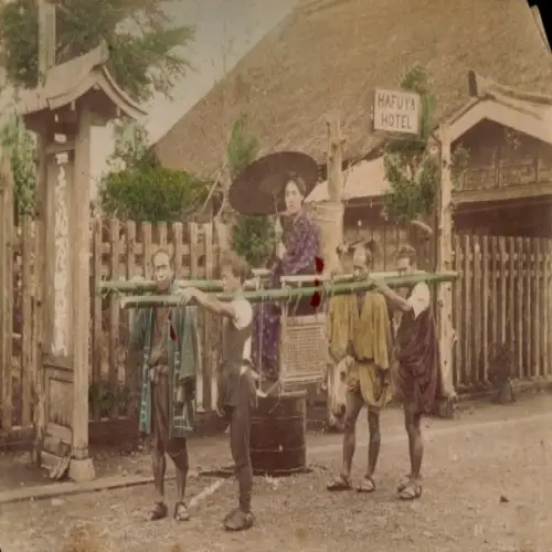 Foto Japan, Sänftenträger, Hafuya Hotel, coloriert