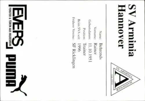 Autogrammkarte Trainer Rainer Behrends, SV Arminia Hannover, Autogramm