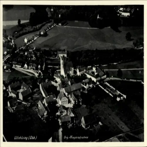 Ak Winhöring in Oberbayern, Luftaufnahme von Winhöring, ländliche Gegend, Wohnhäuser, Windmühle