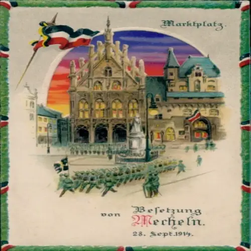 Haltgegendaslicht Litho Mecheln Flandern Antwerpen, Besetzung 28. Sept. 1914, Marktplatz