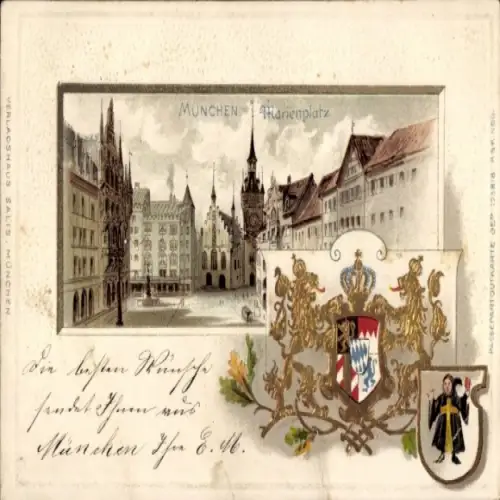 Präge Wappen Litho München, Marienplatz, Münchner Kindl