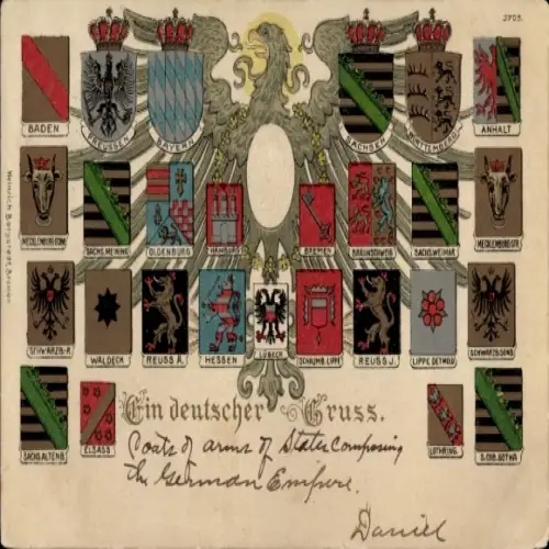 Präge Wappen Ak Ein deutscher Gruß, Kaiser Wilhelm II., Anhalt, Sachsen, Hamburg, Bayern