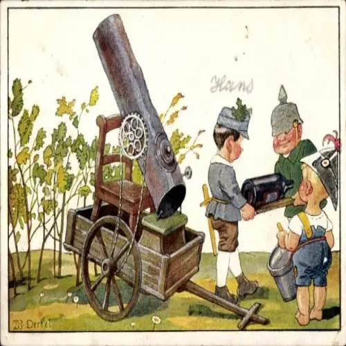 Künstler Ak Oertel, W., Motormörser in Stellung, Kinder in Uniform