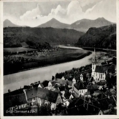 Ak Velké Žernoseky Groß Czernosek Tschernosek Region Aussig, Panorama, Elbe, Kirche