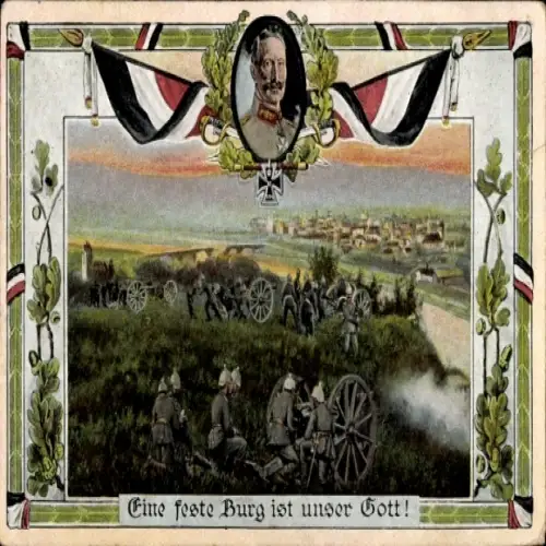 Passepartout Ak Kaiser Wilhelm II., Eine feste Burg ist unser Gott, Schlachtszene 1. WK