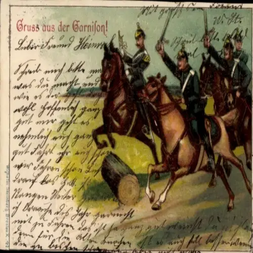 Litho Gruß aus der Garnison, berittene Soldaten im Angriff