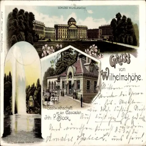Litho Bad Wilhelmshöhe Kassel in Hessen, Schloss, Große Fontaine, Gastwirtschaft