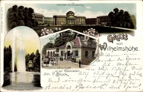 Litho Bad Wilhelmshöhe Kassel in Hessen, Schloss, Große Fontaine, Gastwirtschaft