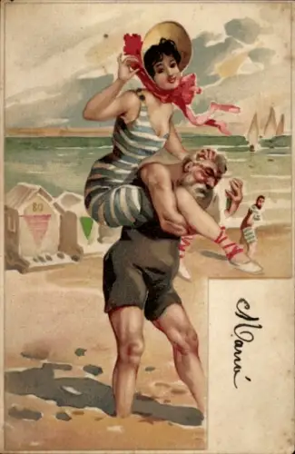 Künstler Ak Frau im gestreiften Badeanzug auf den Schultern eines Mannes