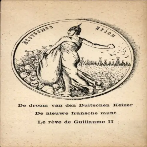 Ak Der Traum des Kaisers, Neue französische Münze, Wilhelm II als Säerin, Feld aus Schädeln