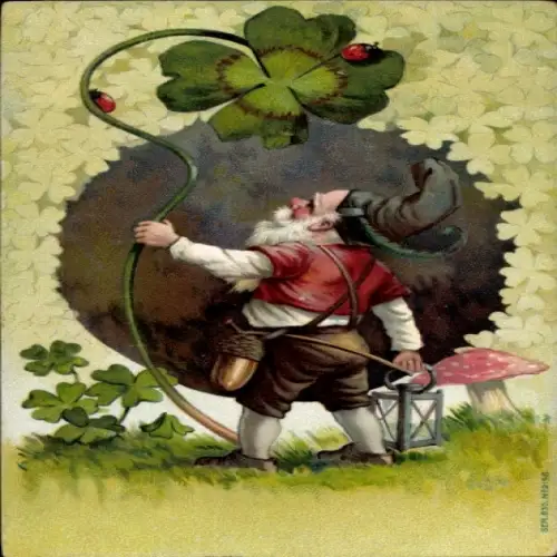 Litho Zwerg mit Kleeblatt, Fliegenpilz, Marienkäfer