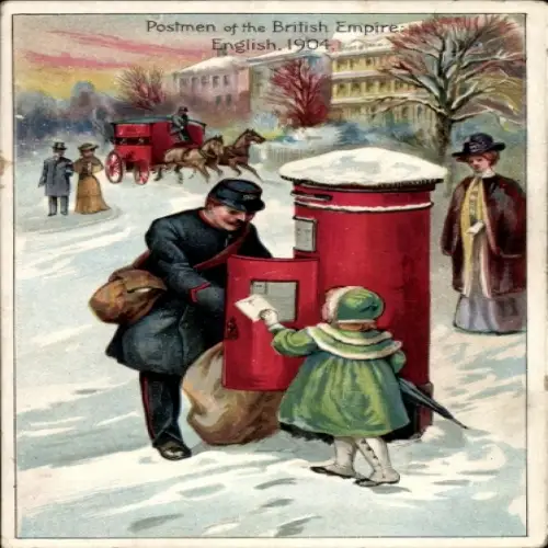Künstler Ak Postbeamte des Britischen Empire, englischer Postbote 1904, Postbriefkasten, Winterszene