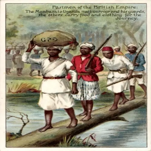 Künstler Ak Postbeamte des Britischen Empire, Posttransport Mombasa - Uganda, Postbote und Wachen