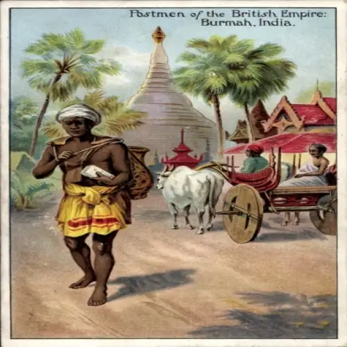Künstler Ak Postbeamte des Britischen Empire, Briefträger in Burmah Indien, Rinderfuhrwerk