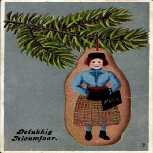 Ak Glückwunsch Neujahr, Tannenzweig, Frau mit Muff