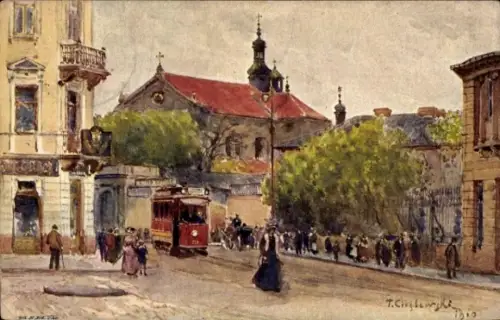 Künstler Ak Cieslewski, T., Warszawa Warschau Polen, Ul. Senatorska, Straßenbahn
