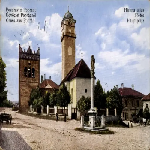 Ak Poprad Slowakei, Hauptplatz, Denkmal, Kirche