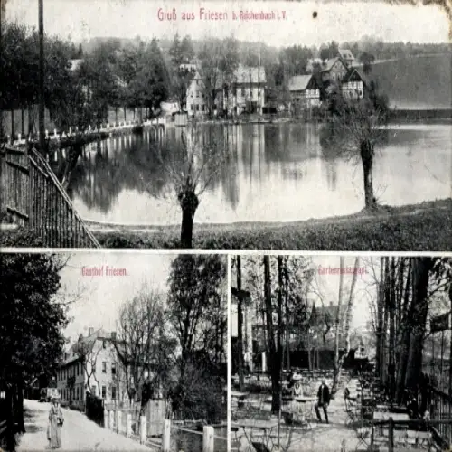 Ak Friesen Reichenbach im Vogtland, Gasthof Friesen, Teich, Gartenrestaurant