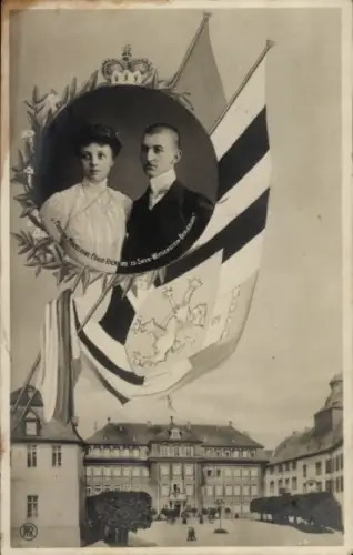 Ak Fürst Richard zu Sayn Wittgenstein Berleburg, Fürstin Madeleine, Schloss Berleburg, Fahne, Wappen