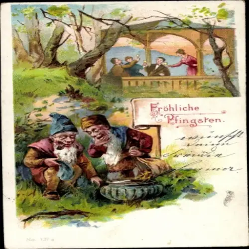 Litho Glückwunsch Pfingsten, Zwerge, Feiernde Menschen
