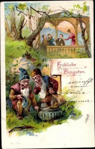 Litho Glückwunsch Pfingsten, Zwerge, Feiernde Menschen