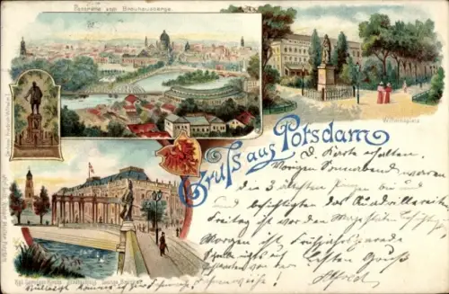 Litho Potsdam, Garnison-Kirche, Stadtschloss, Lange Brücke, Wilhelmsplatz, Blick vom Brauhausberg