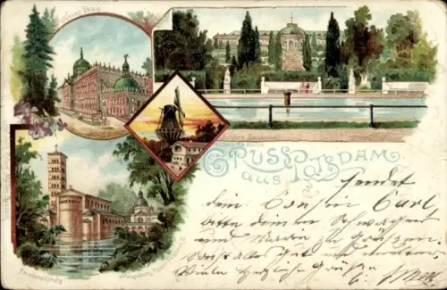 Litho Potsdam, Friedenskirche, Neues Palais, Schloss Sanssouci, Windmühle