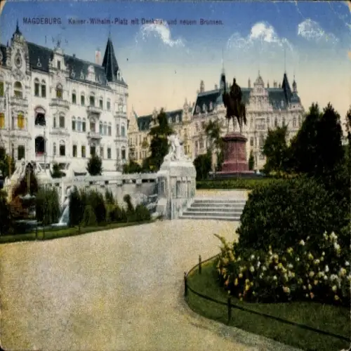 Ak Magdeburg an der Elbe, Magdeburg. Kaiser Wilhelm-Platz mit Denkmal und neuem Brunnen.