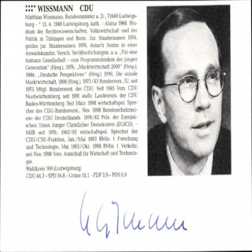 Ak Politiker Matthias Wissmann, CDU, Autogramm