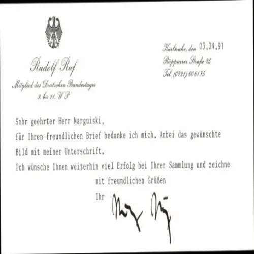 Ak Politiker Rudolf Ruf, CDU, Autogramm