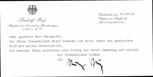 Ak Politiker Rudolf Ruf, CDU, Autogramm