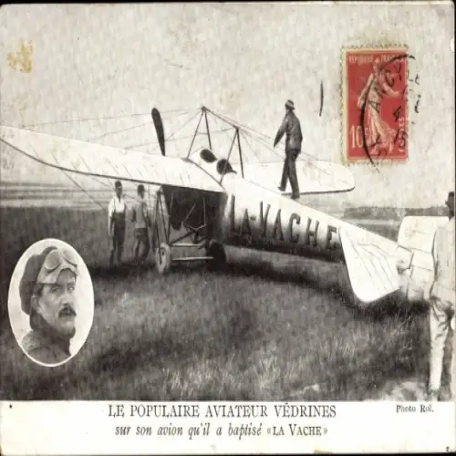 Ak Le Populaire Aviateur Vedrines, Avion La Vache, Flugpionier