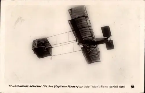Ak Aviation, Aerial Locomotion, De Rue, Kapitän Ferber auf dem Voisin-Doppeldecker in Reims, 1909