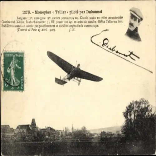 CPA Monoplan Tellier piloté par Dubonnet, Flugzeug