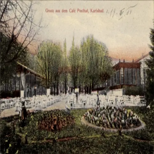 Ak Karlovy Vary Karlsbad Stadt, Cafe Posthof, Gartenpartie