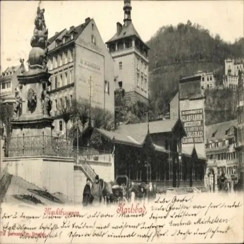 Ak Karlovy Vary Karlsbad Stadt, Blick auf den Marktbrunnen, Kutschen