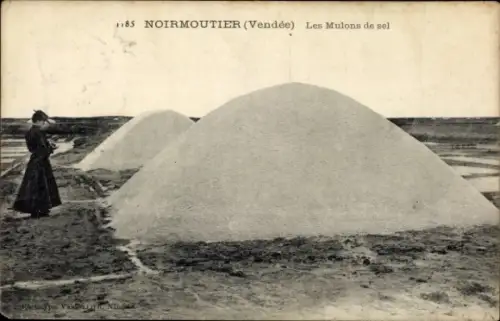 Ak Île de Noirmoutier Vendée, Salzberge, Frau in r Kleidung, Landschaft