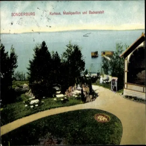 Ak Sønderborg Sonderburg Dänemark, Kurhaus, Musikpavillon, Badeanstalt, Blick auf das Wasser
