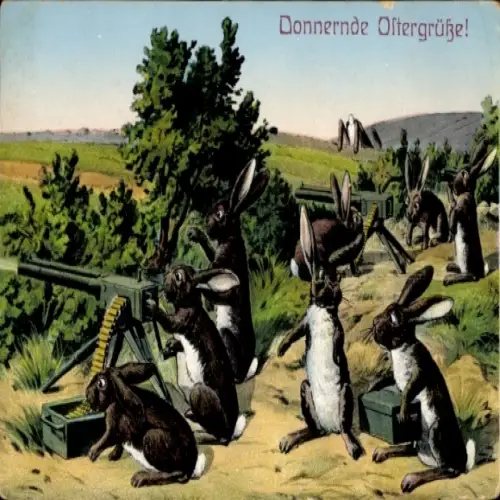 Ak Glückwunsch Ostern, Osterhasen als Soldaten, Maschinengewehr