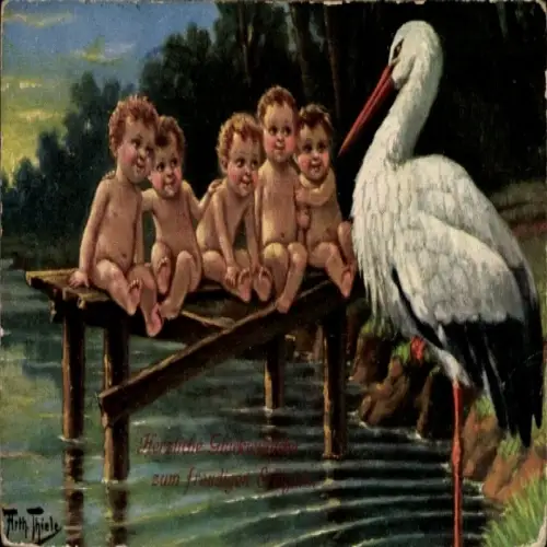 Künstler Ak Thiele, Arthur, Storch, Kleinkinder auf einem Steg
