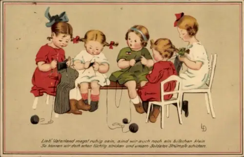 Künstler Ak Döring, L., Kinder beim Stricken, Lieb' Vaterland magst ruhig sein