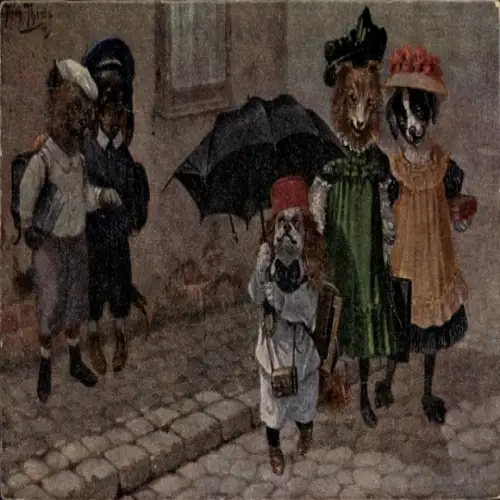 Künstler Ak Thiele, Arthur, erster Schulgang, Hunde
